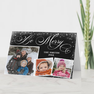 Modern Svart Elegant Skript Snöflingor Bokeh Flare Helgkort