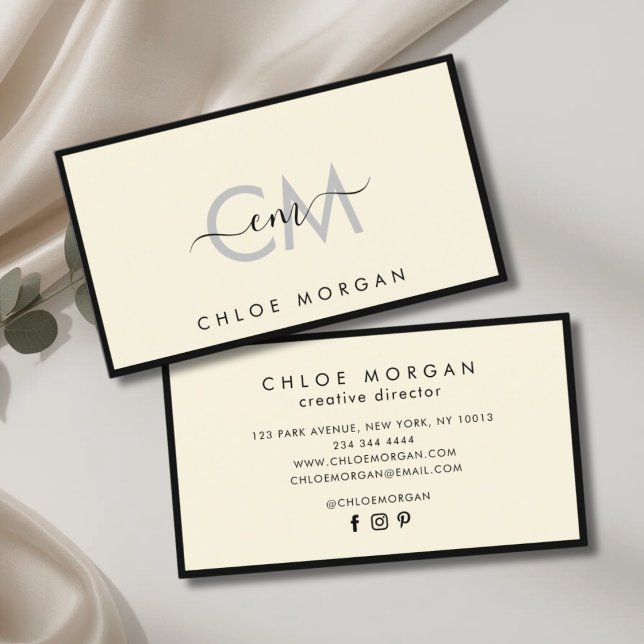 Modern svart elfenbensskript namnteckning monogram visitkort (Skapare uppladdad)