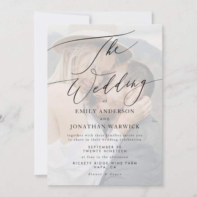 Modern svart, enkel QR CODE-bakfoto Bröllop Inbjudningar (Framsida)