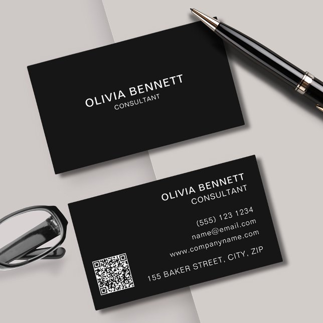 Modern svart, enkelt QR Visitkort (Modern and minimal, black business cards perfect for any professional. Customize with QR code.)