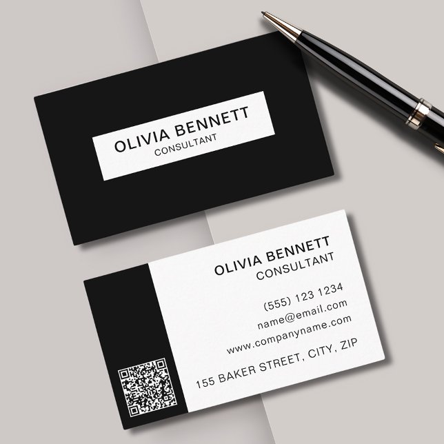Modern svart, enkelt QR Visitkort (Modern & minimal, black and white business cards perfect for any professional. Customize with QRcode)
