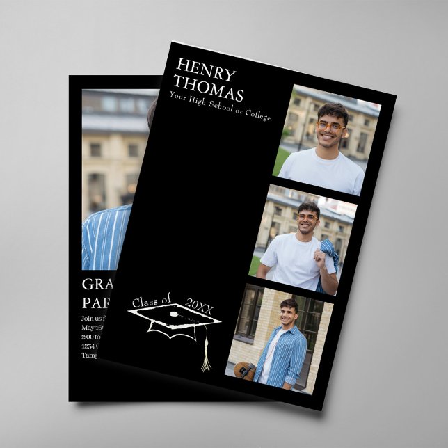 Modern svart examensfoto collage festkort inbjudningar (Graduation photo collage card preview shown on smartphone with black minimalist layout.)