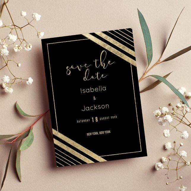 Modern svart falskt guld geometrisk spara datumet (Modern black faux gold geometrical save the date)