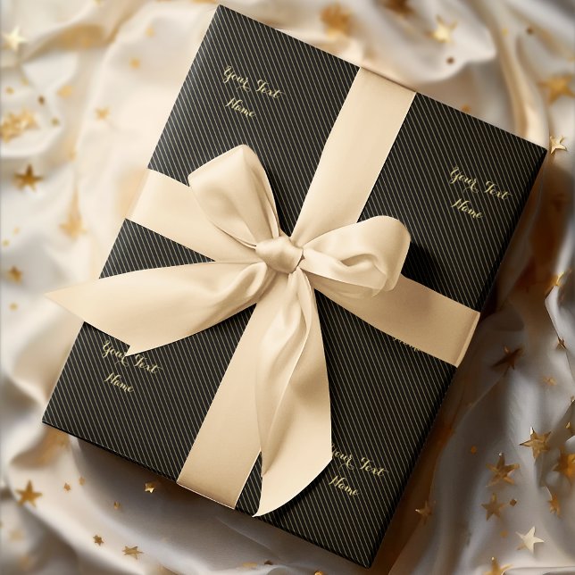 Modern svart falskt guld linjer ränder anpassad te presentpapper (White Gray Stripes Gold Text Christmas Birthday Wrapping Paper)