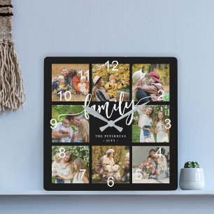 Modern svart familjefoto collage manus fyrkantig klocka