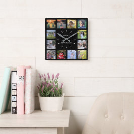Modern svart familjs fotokollage monogram namn fyrkantig klocka