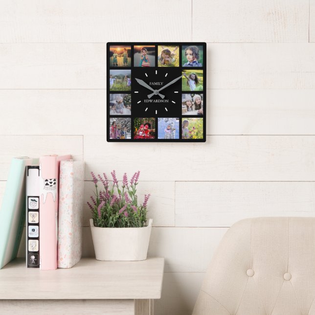 Modern svart familjs fotokollage monogram namn fyrkantig klocka (Läsesal)