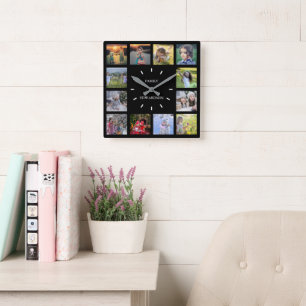 Modern svart familjs fotokollage monogram namn Sq Fyrkantig Klocka
