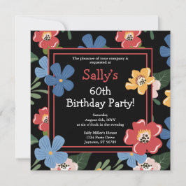 Modern svart färgstark Blommigt 60:e Födelsedagsfe Inbjudningar