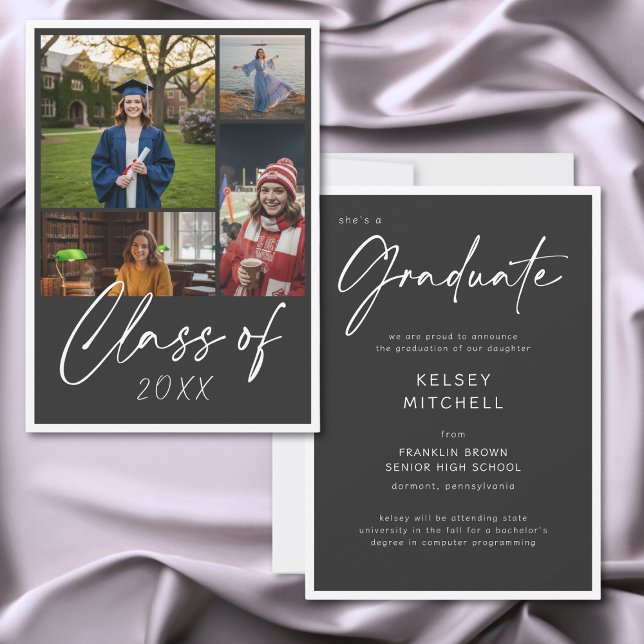 Modern svart flerglads examensannonsering (Modern Black Multi Photo Graduation Announcement)