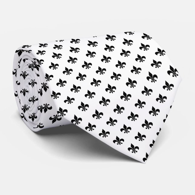 Modern svart Fleur-de-lis på vit Slips (Rullad)