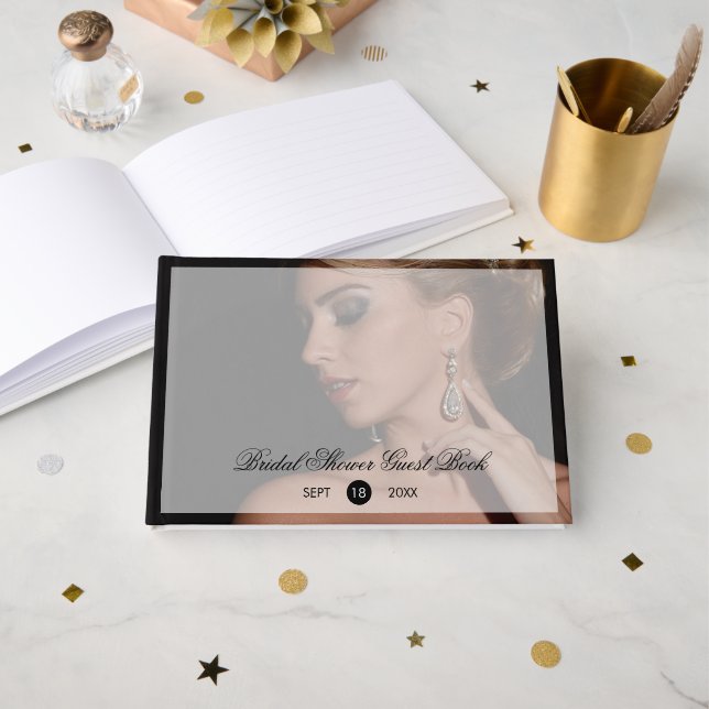 Modern svart foto genomskinlig överdrag bröllopsfe gästböcker (Framsida öppen)
