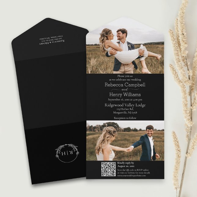 Modern svart foto | Monogram | QR-kod (Simplify your wedding with our all-in-one invitation – convenience and beauty in a single card.)