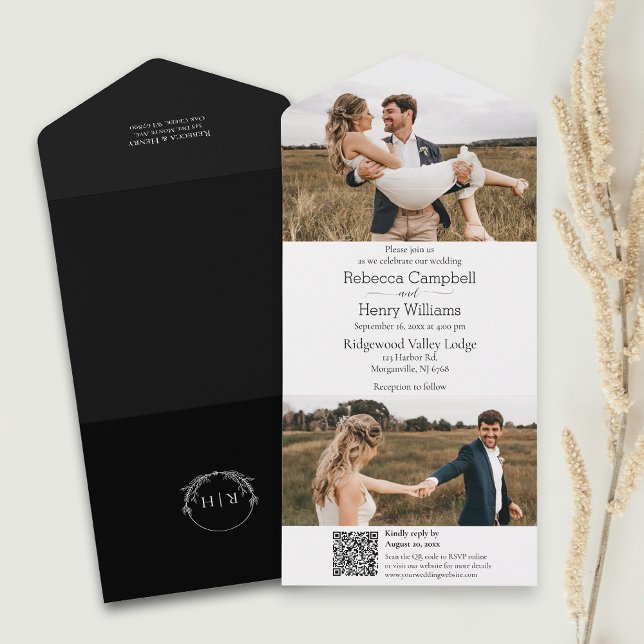 Modern svart foto | Monogram | QR-kod (Simplify your wedding with our all-in-one invitation – convenience and beauty in a single card.)