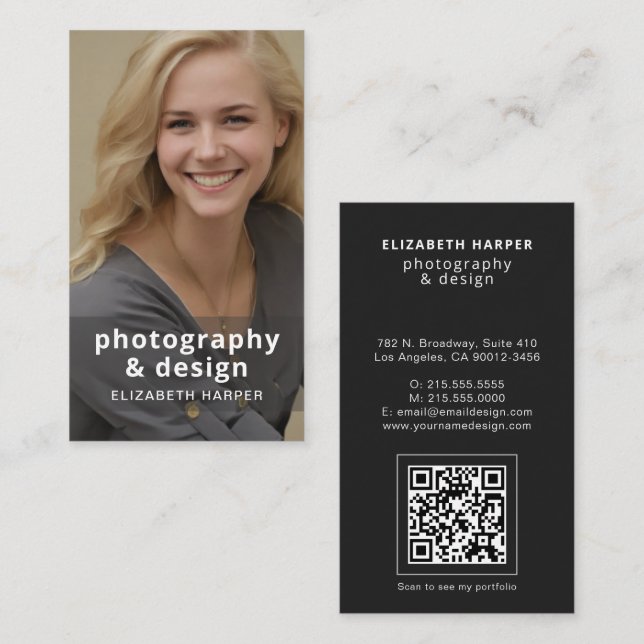 Modern Svart Foto QR-kod Professionell Elegant Visitkort (Fram/baksida)