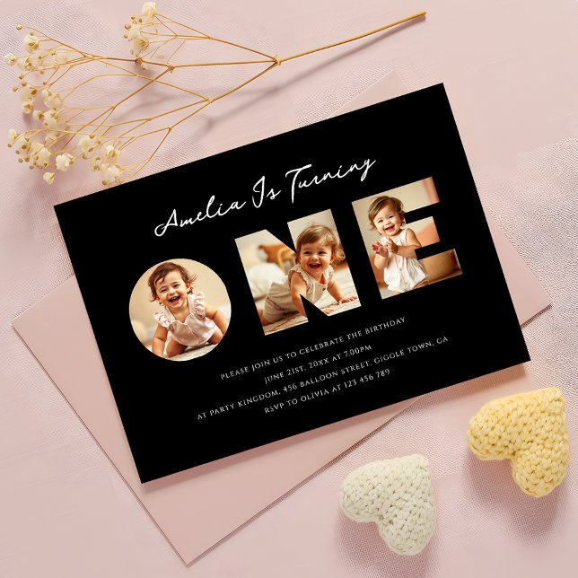 Modern svart fotokollage första födelsedag inbjudningar (Skapare uppladdad)
