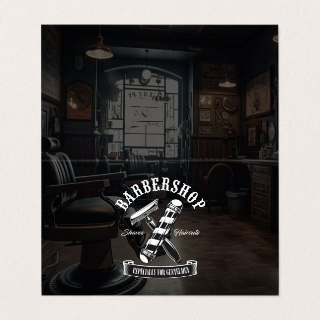 Modern svart frisör Barber shop foldad Visitkort (Utsida ovikt)