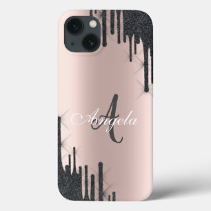 Modern Svart Glitter Drips Roséguld, Monogramm
