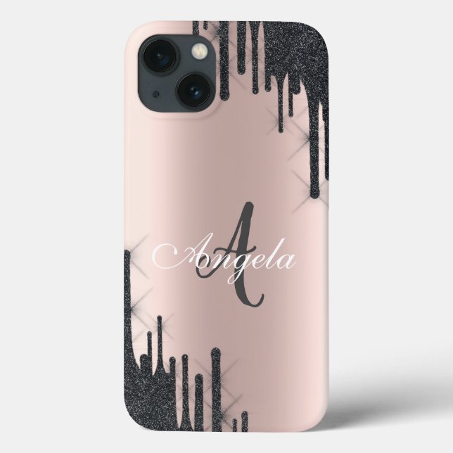 Modern Svart Glitter Drips Roséguld, Monogramm (Baksida)