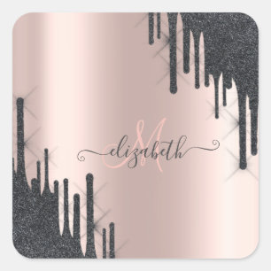 Modern Svart Glitter Dropar Roséguld Monogram Fyrkantigt Klistermärke
