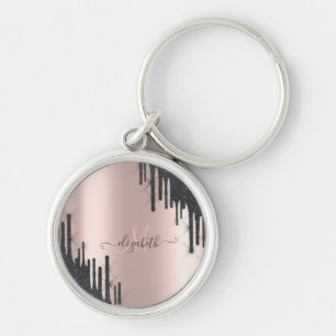 Modern svart glitter droppar Rose Gold Monogram Rund Silverfärgad Nyckelring