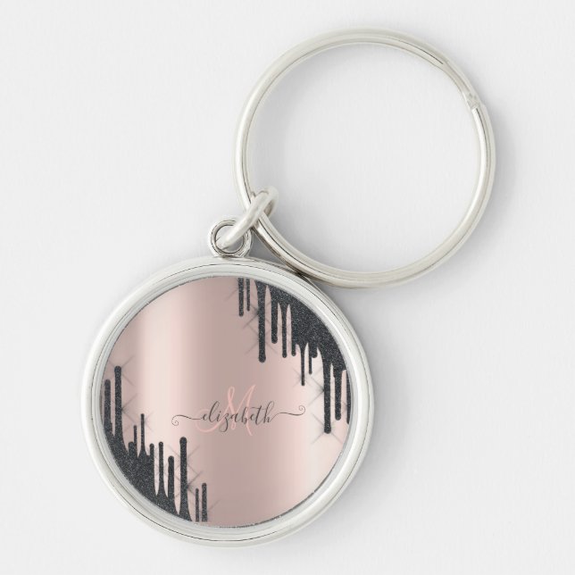 Modern svart glitter droppar Rose Gold Monogram    Rund Silverfärgad Nyckelring (Framsidan)