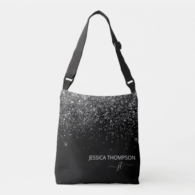 Modern svart glitter enkel skript monogramnamn   axelväska (Framsida)