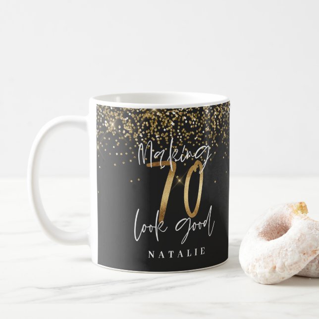 Modern svart glitter och 70-årsdag för guld kaffemugg (Med munk)