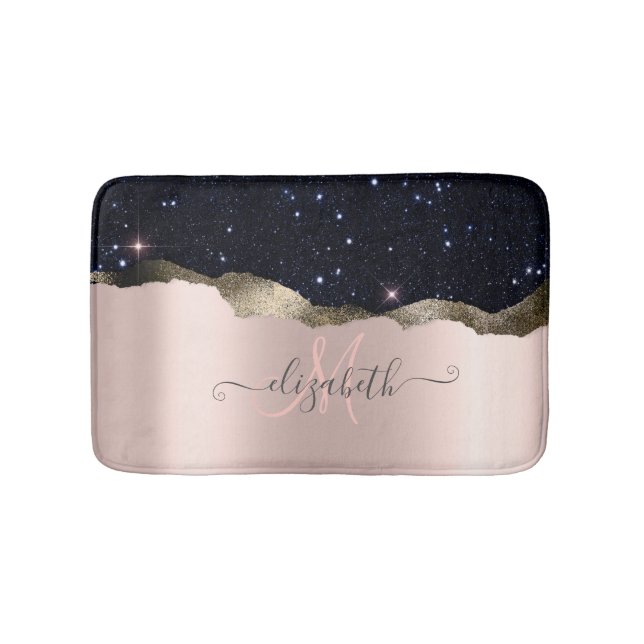 Modern svart glitter roséguld monogram badrumsmatta (Framsidan)