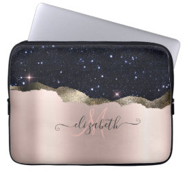 Modern svart glitter roséguld monogram laptop fodral