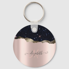 Modern svart glitter roséguld monogram nyckelring