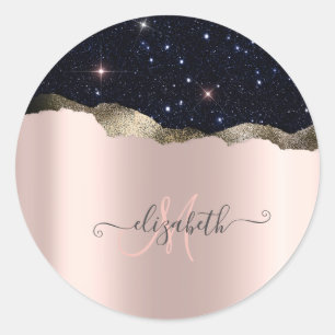 Modern svart glitter roséguld monogram runt klistermärke