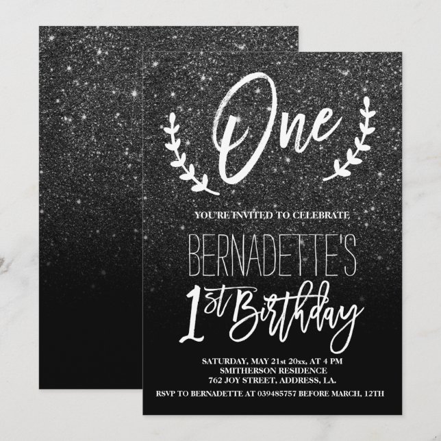 Modern svart glitter-typografi - födelsedag inbjudningar (Fram/baksida)