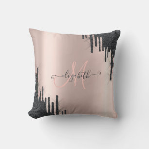Modern svart glitterdropp roséguld monogram kudde