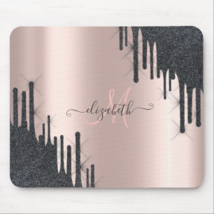 Modern svart glitterdropp roséguld monogram musmatta
