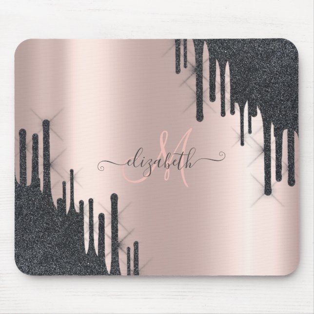 Modern svart glitterdropp roséguld monogram musmatta (Framsidan)