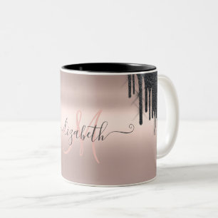 Modern svart glitterdropp roséguld monogram Två-Tonad mugg