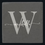 Modern svart grå anpassad monogram namn skrift stenunderlägg<br><div class="desc">Flickaktig Modern Elegant Svart och Grå Monogram Initial Namn Signatur Script Anpassad Personlig Stenskydd. Denna design med ditt förnamn i en snygg handskriven stiliskt svansfont typografi (eller kalligrafi) med monogram initial i grått och vitt på svart. Dessa är lätta att anpassa. Fin stilfullt kvinnlig husvärmegåva, bröllop, också för födelsedag, sweet...</div>