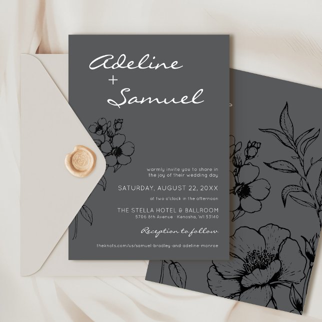 Modern Svart & Grå Blommig Enkel Elegant Bröllop Inbjudningar (Simple elegant classic charcoal gray, black and white modern floral wildflower wedding invitation)