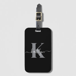 Modern svart grå scriptmonogram bagagebricka