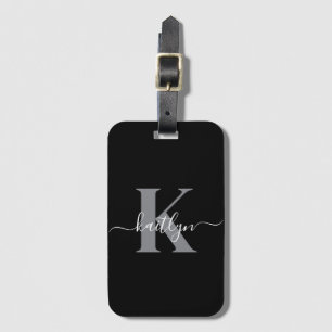 Modern svart grå scriptmonogram bagagebricka