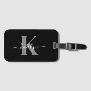 Modern svart grå scriptmonogram bagagebricka