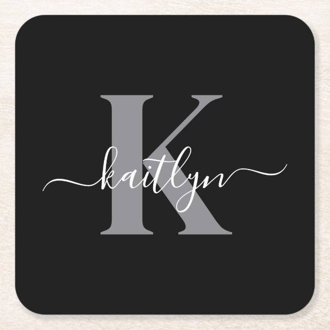 Modern svart grå scriptmonogram underlägg papper kvadrat (Framsidan)