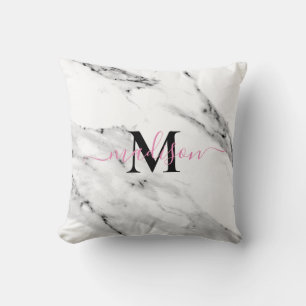 Modern svart grått, vit marmor mönster monogram kudde