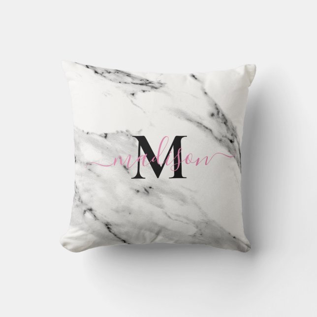 Modern svart grått, vit marmor mönster monogram kudde (Framsida)
