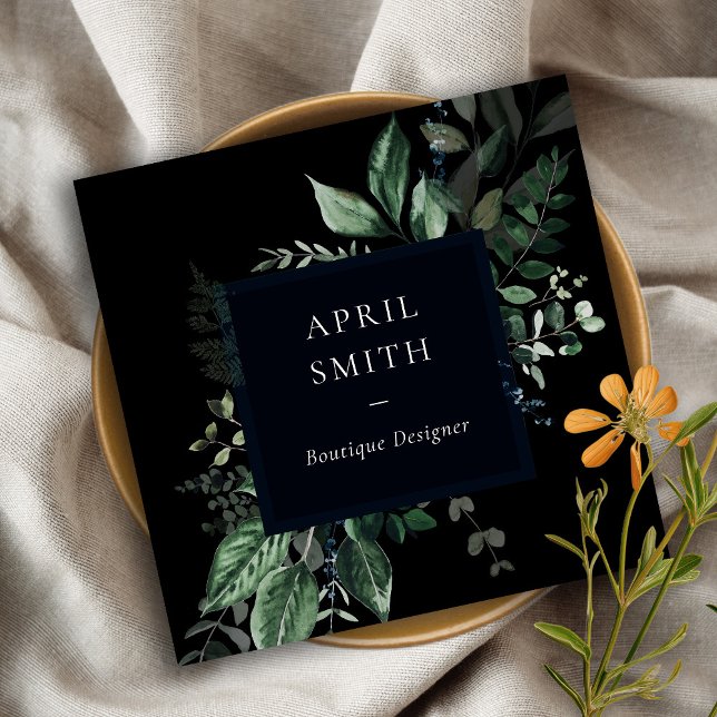 Modern svart Grönt Leafy Tropical Foliage Fern Fyrkantigt Visitkort (Skapare uppladdad)