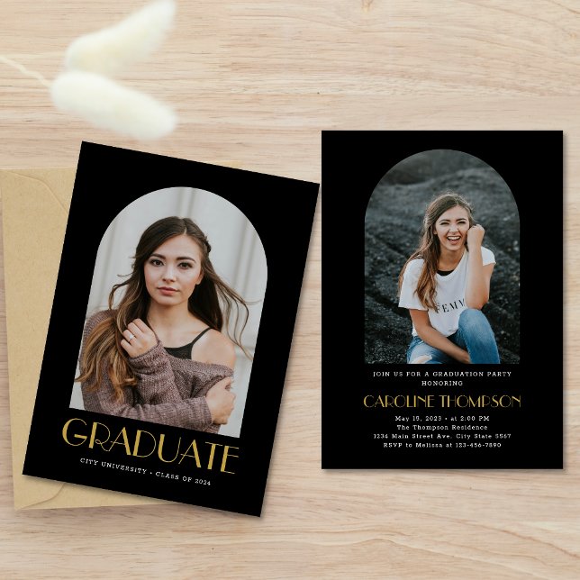 Modern svart gul 2 Foto Båge Examen Fest Inbjudningar (Skapare uppladdad)