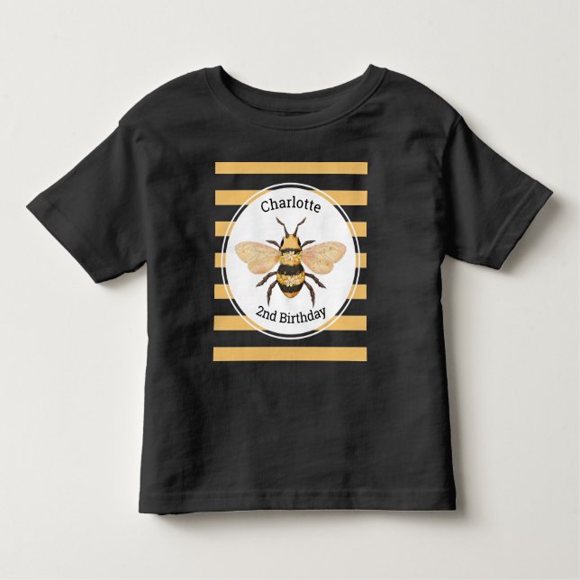 Modern svart gul ränder Bee födelsedagsfest T Shirt (Framsida)