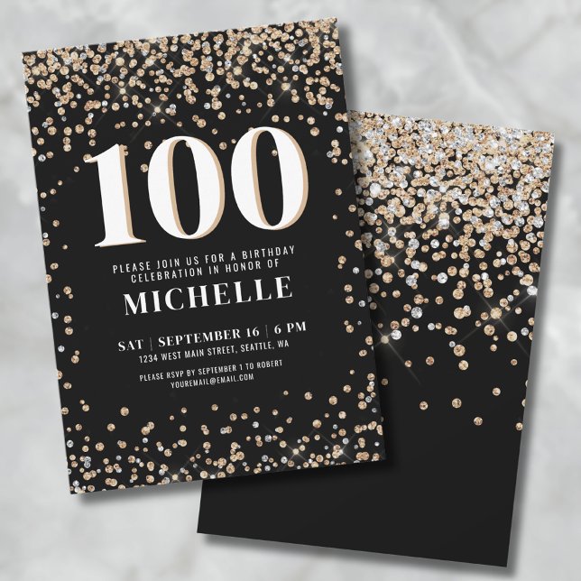 Modern Svart Guld 100-årsjubileum Inbjudningar (Black Gold 100th Birthday Invitation)