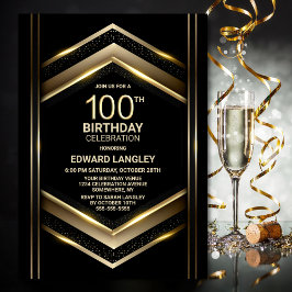 Modern svart Guld 100:e Födelsedagsfesten Inbjudningar